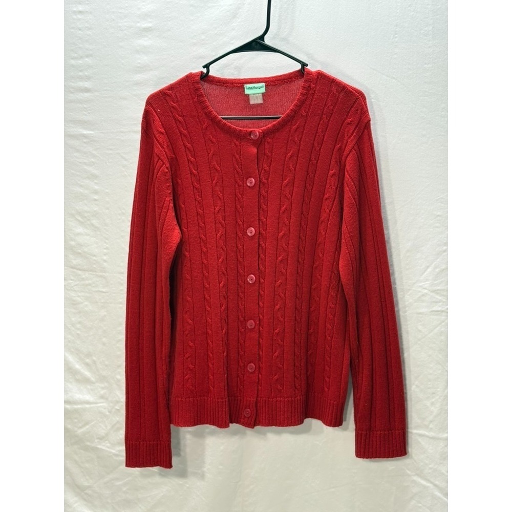 Sara‎ Morgan Preppy Old Money Teacher Core Red Cable Knit Cardigan Sweater Sz L